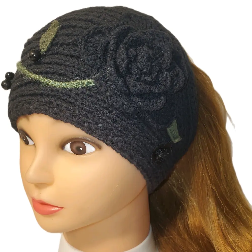 Cozy Cotton Knit Bohemian Soft Black Headband with Rose Detail and Beaded Accents for Women's Fashion