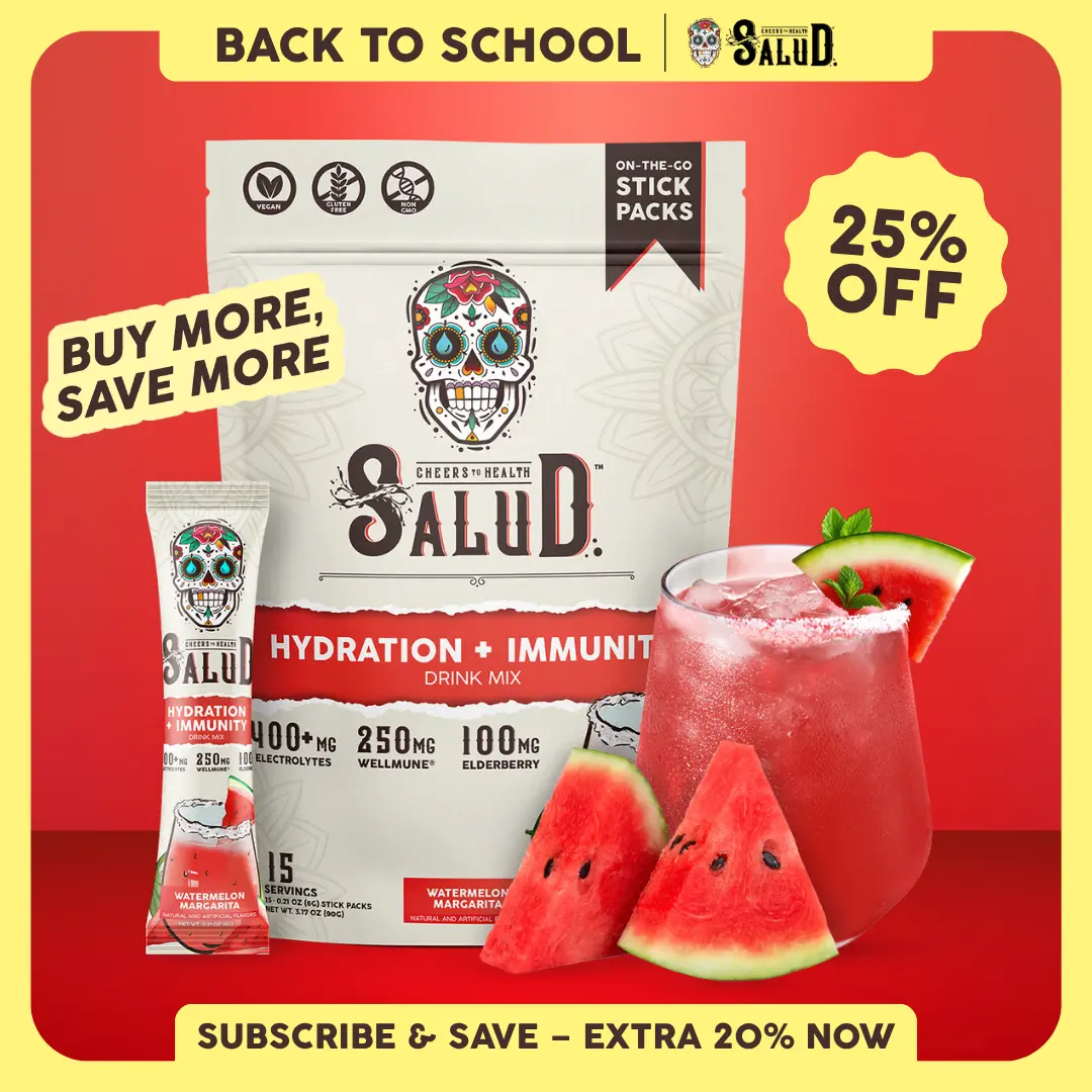 Salud 2-in-1 [Hydration + Immunity - Watermelon Margarita] Electrolytes Powder, Agua Fresca Drink Mix, Elderberry, Dairy & Soy Free, Non-GMO, Gluten Free, Vegan, Low Calorie, 1g Sugar (15 Servings)