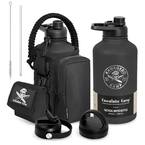 Half Gallon Tactical Water Bottle With Straw - Battle Bottle - 64 OZ Stainless Steel Water Jug with 3 Lids, Paracord Handle, Molle System
