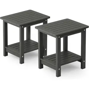 2-Piece Double Layer Side Table Set 16 Inch Square HIPS Weather Resistant Indoor Outdoor Tables for Patio Living Room in Dark Grey