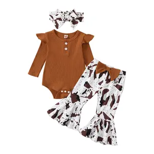 Infant Baby Girls Autumn Jumpsuit, Solid Color Ribbed Fly Sleeve Round Neck Romper + Leopard/Cow Flare Pants