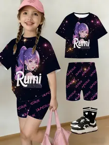 Summer Girls' Set Drop Shoulder Short Sleeve Yoga Pants Two-Piece Set Starry Sky Rumi Cartoon Print Casual