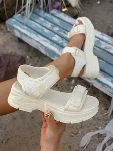 Women's Velcro Thick Sole Sandals, Summer Platform Sporty Open-Toe Casual Shoes, Textile Upper Rubber Sole, Large Size Available
