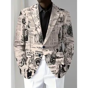 Men's Casual Newspaper Print Blazer Jacket, Trendy Mature Style Leisure Suit Coat, Business Casual Outerwear