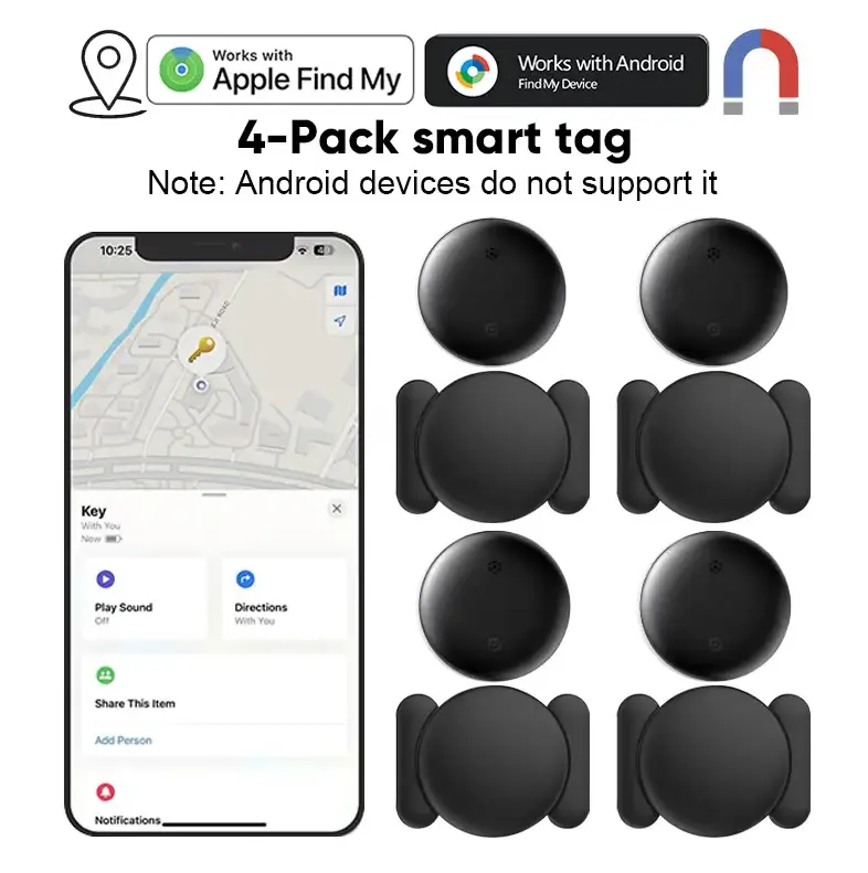4PCS Wireless Cordless Weatherproof GPS Trackers, Magnetic Hidden Locators, Compatible with iOS Apple Find My Device, Custom Points of Interest Support