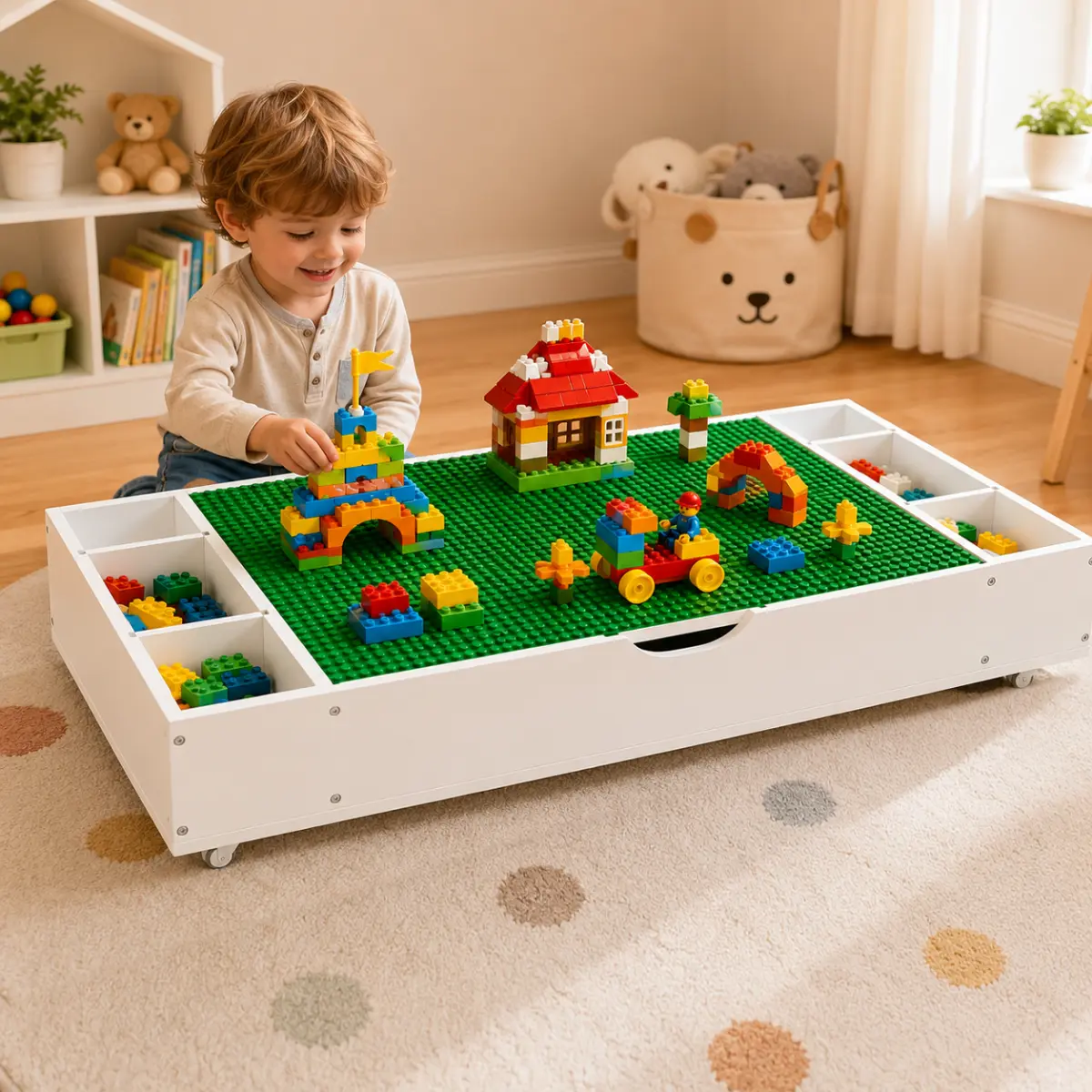 3 in 1 Reversible Kids Activity Table & Toy Organizer, Compatible with Lego Building Bricks, Double-Sided Play Table with Whiteboard & City Road Map, Low-Profile Space-Saving for Under Sofa Bed Storage, Toddler Playroom Play & Learning, White