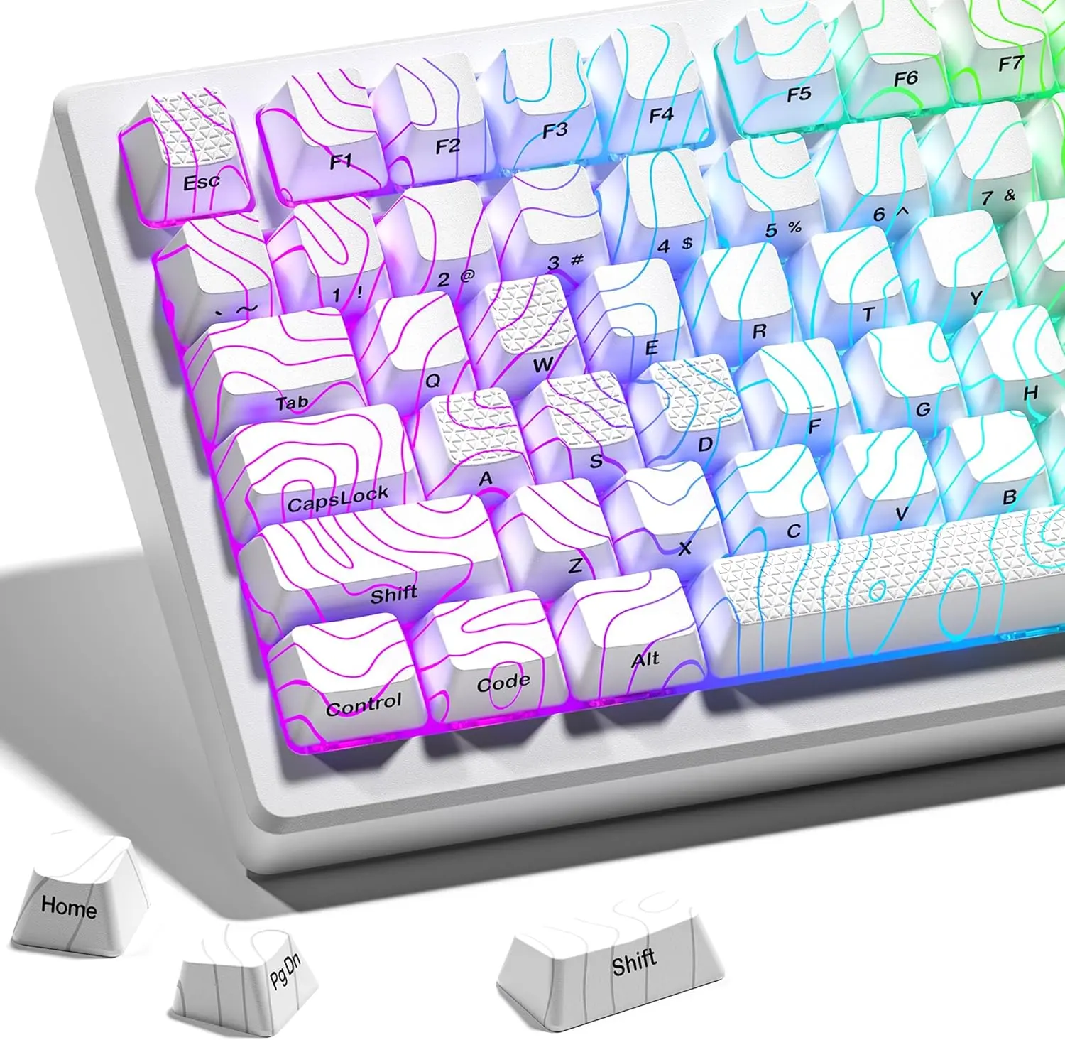 [Only keycaps]FURYCUBE Keycaps with IMD Tech,Custom Keycaps 90 Percent,White and Black Keycap Set OEM Profile,98 Keys Side Printed Keyboard Keycaps for Mechanical Keyboards,Topographic