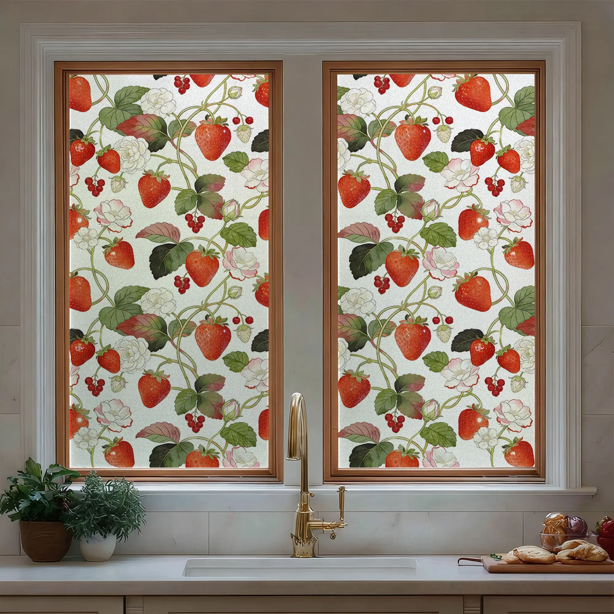 Floral Strawberry Pattern Decorative Privacy Glass Film, Static No Adhesive Removable Frosted Window Sticker, UV Protection for Bathroom Kitchen Bedroom, Decorative Stickers, removable window decal, Window Frosting Film, Flower