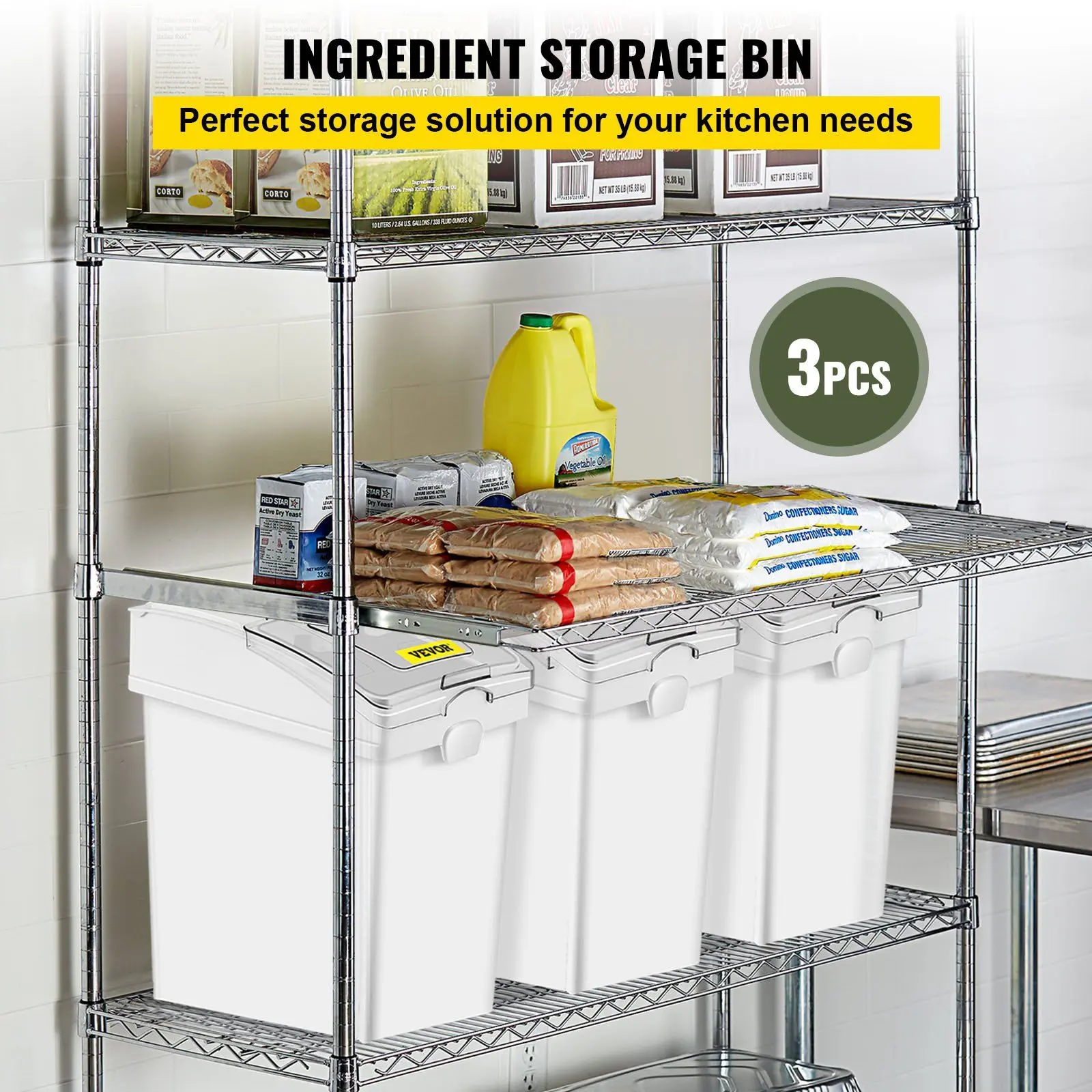 VEVOR Ingredient Bin, 5.2 Gallons Capacity Ingredient Storage Bin, 3 Pcs/Set, PP Material Flour Bins On Wheels, White Shelf Ingredient Bin with Scoop and Sliding Lid, Commercial Storage Bins