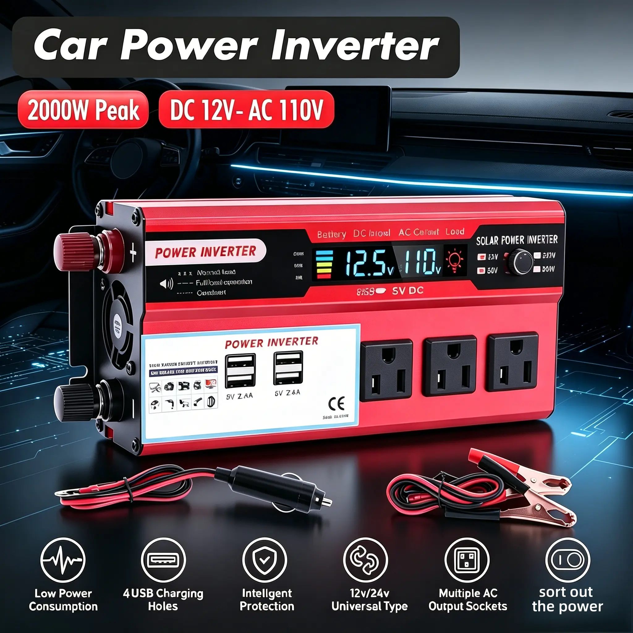 2026 Upgraded High Power Car Inverter, 2000W Peak Power DC 12V to 110V, Equipped with 4 USB Ports & 3 US Outlets, Power Converter for Road Trips, Off-Grid Camping & Home Power Outage Emergencies