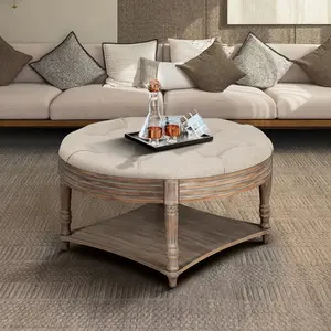 roomfitters Large Round Ottoman Coffee Table with Wooden Shelf, Light Gray