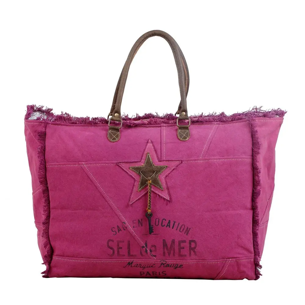 Women's Sturdy Leather Handles Double Handle Cute Travel Bag for Adults - Popping Pink Canvas & Leather Star Print Western Weekender Overnight Duffel with Chic Tassel, Cute Travel Bags, Vibrant Look, On The Road, Zip Closure, 20 X 16 X 9.5 Inches, Duffel,