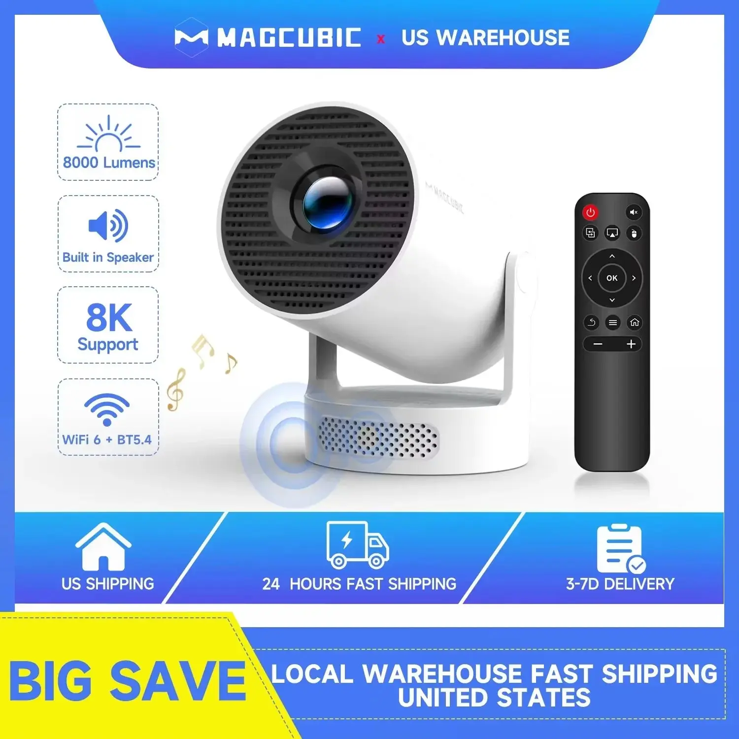 Magcubic HY300 Pro+ Mini Portable Projector - Android 14, WiFi 6, 8000 Lumens, USB, 0.72 kg, 40-200 Inch Display, 5W Built-in Speaker