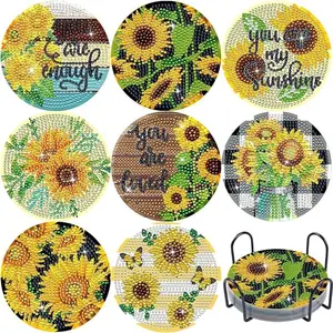 8-piece/set diamond art painting coaster with stand, DIY beautiful flower pattern diamond art coaster, diamond painting kit suitable for adults and beginners, diamond kit craft supplies, exquisite gift for friends