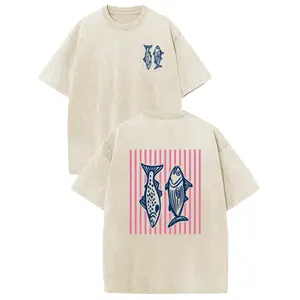 Holafish Heavyweight Cotton Crewneck Streetwear T‑Shirt, Retro Acid Wash Pink Striped Dual‑Side Fish Graphic Printed Unisex Fashion Tees summervibes Casual Top