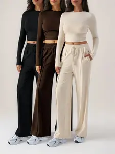 Women's 2-Piece Ribbed Knit Long Sleeve Crop Top & Wide Leg Pants Matching Lounge Set, Casual Loose-Fitting All-Season, Top-selling items, limited-time discounts, finest quality, Womenswear