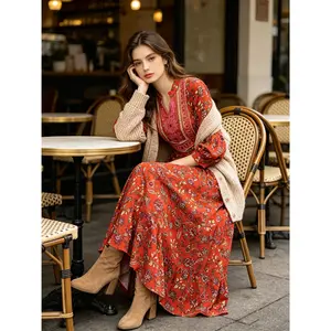 Boho Floral Rust Orange Maxi Dress Flowy Autumn Vacation Gown | S-XL Inclusive Fit | Perfect for Autumn Wedding Guest, Festivals & Sunset Photo Shoots