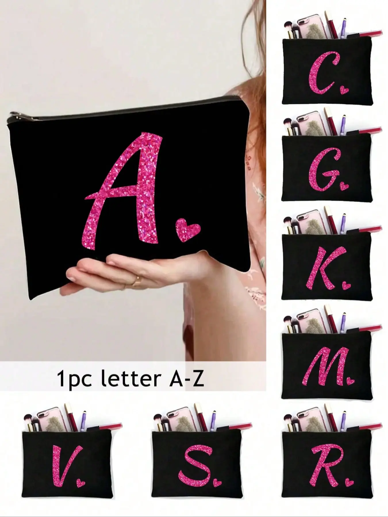 Women's Letter A-Z Embroidered Makeup Bag, Handheld Cosmetic Pouch, Portable Travel Cosmetic Pouch, Reusable Large Capacity Organizer for Accessories & Earphones