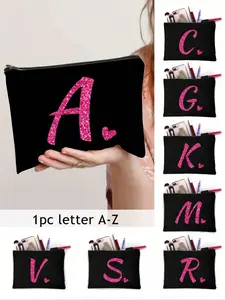 Women's Letter A-Z Embroidered Makeup Bag, Handheld Cosmetic Pouch, Portable Travel Cosmetic Pouch, Reusable Large Capacity Organizer for Accessories & Earphones