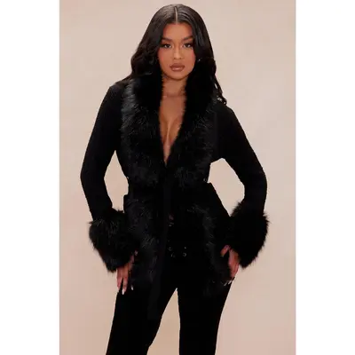 Black Fuzzy Trim Cardigan - TikTok Shop