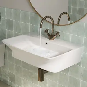 24'' x 17'' White Ceramic Wall Hung Sink with Overflow, Rectangular Vessel Sink for Bathroom, Floating Sink with Curved Design, Includes Pop-Up Drain with 2 Covers, Flexible Installation Options, Easy Setup, Modern Bathroom Sink