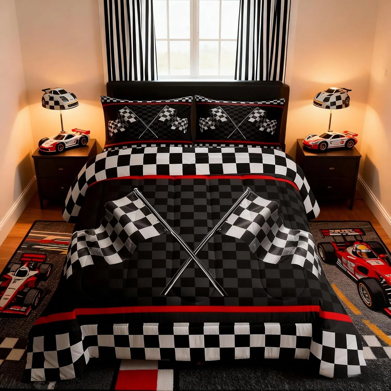 Racing Car Comforter Set Adults Bedroom/Gamer Decor,Flags Checkered Grids Geometric Down Comforter,Modern Sports Stylish Bedding Set,Black White Duvet Insert