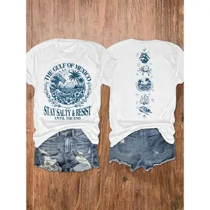 Gulf Of Mexico Stay Salty And Resist Graphic Tee Women Oversized Casual Crewneck Short Sleeve Summer Beach Vacation Coastal Aesthetic Soft Cotton T Shirt