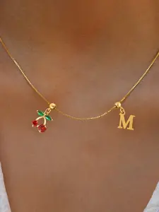 Artificial Crystal Cherry Initial Adjustable Bead Pendant Necklace, Elegant Box Chain, Fashionable Women's Jewelry