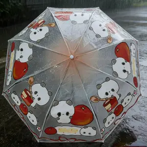 Cute Panda Transparent Folding Umbrella, Portable 3-Fold Cartoon Raincoat, Wind-Resistant Waterproof Birthday Gift