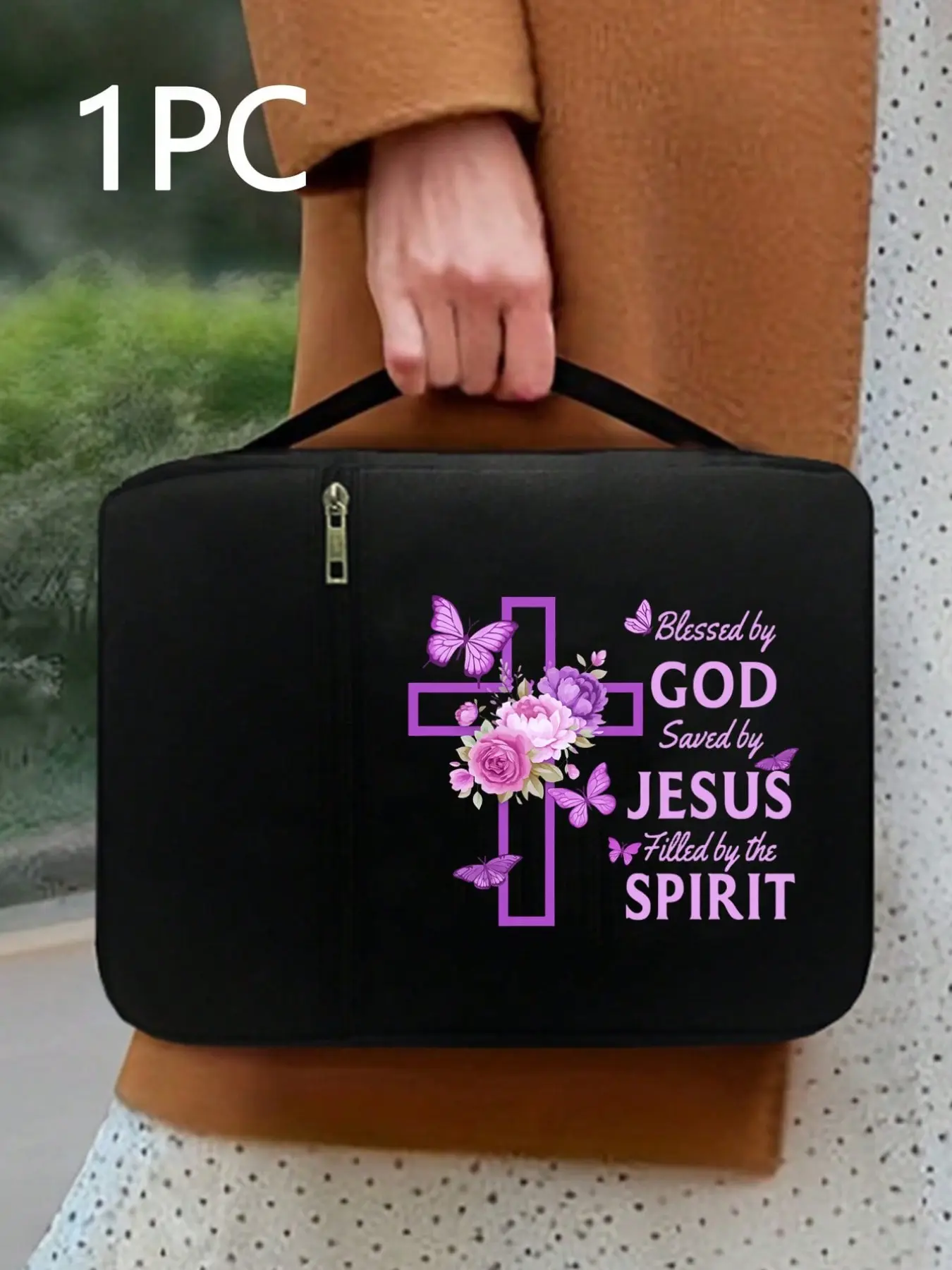 Bible Bag with God Jesus Holy Spirit Cross Flower Butterfly Design, Bible Cover Stand Handbag, Religious Accessory Bag, Standard Size with Zipper Pocket Organiser, Storage Organizer, Organizational Zipper Storage, Multifunctional Storage Bag