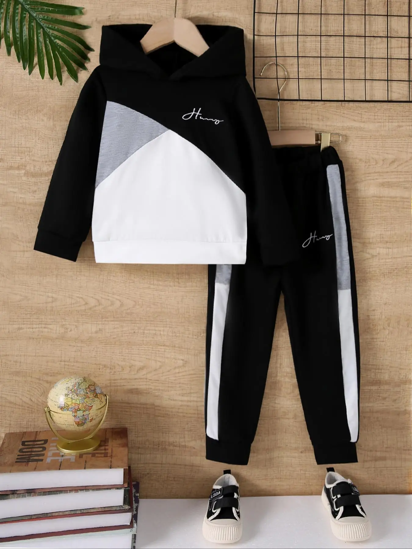Two-piece Set Boy's Letter Embroidery Sweatshirt & Patchwork Side Stripe Sweatpants Set, Casual Long Sleeve Hoodie & Jogger Pants, Kids Fall & Winter