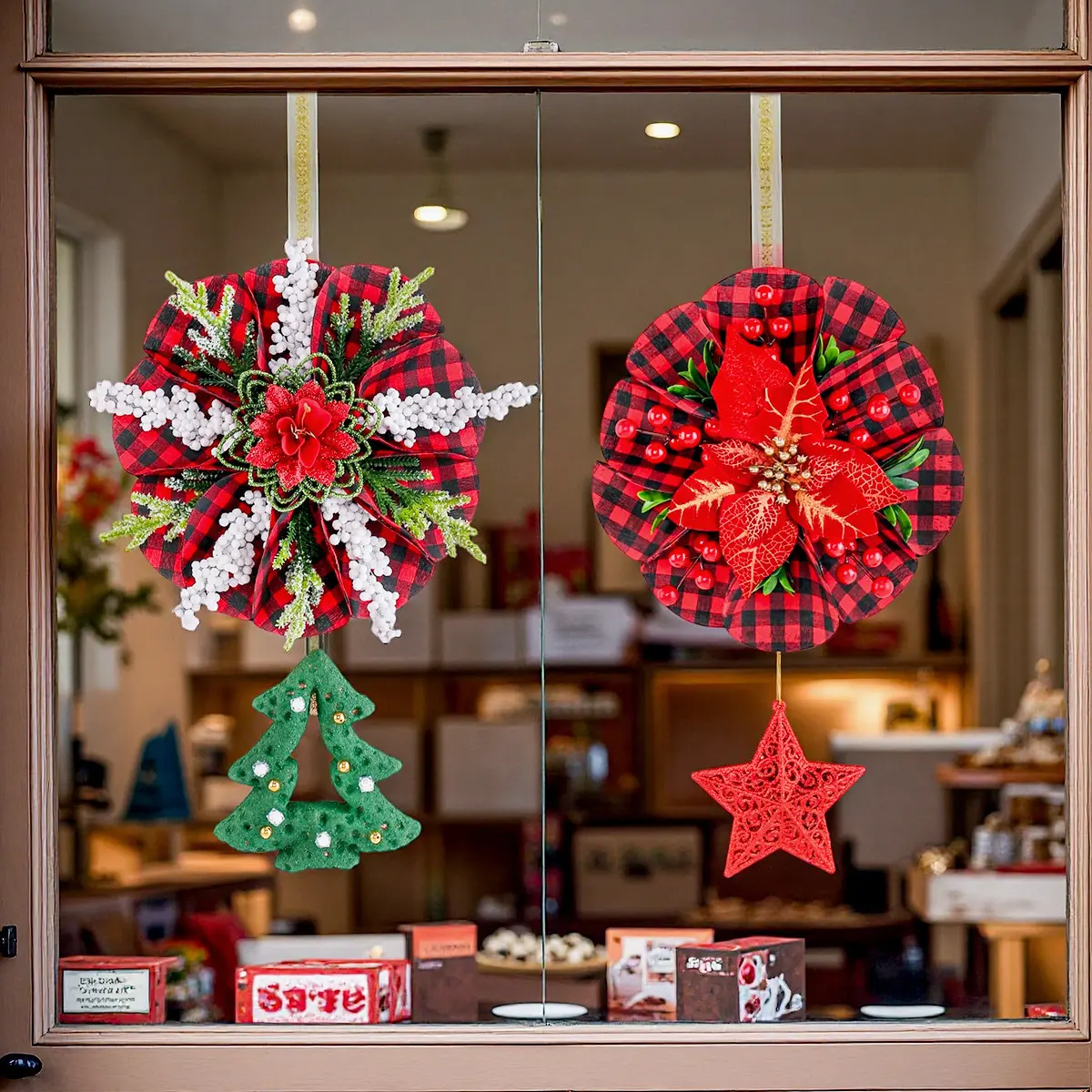 Christmas Wreath Door Window Decorations, Holiday Christmas Tree Star Pendant Wreath, Festive Home Decoration for Xmas