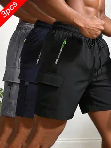 3-Pack Men’s summer cargo shorts with a drawstring elastic waistband and large side cargo pockets, suitable for outdoor camping, night market browsing and eating, and casual home wear.