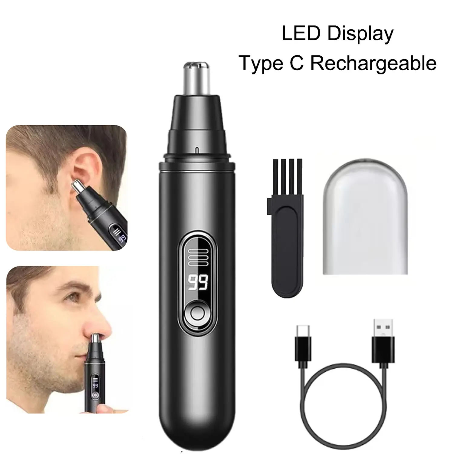Nose Hair Trimmer for Men Women, Rechargeable Trimmer, Painless Eyebrow Facial Hair Shaver, LED Display Nose Clipper, Waterproof Dual Edge Blades Clipper for Easy Cleaning