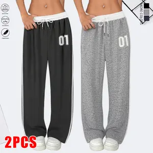 Set of 2 women’s casual long pants featuring a drawstring elastic waistband and numeric print; simple and stylish, suitable for outdoor cycling, yoga, and running; summer women’s clothing, women’s summer long pants.