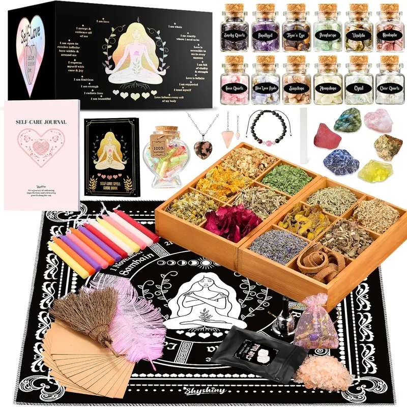 Self-Love Ritual Kit 75-Pack with  30+ Positive-Message Capsule Bottles, Self-Love Spell Kit with Self-Care Journal Workbook Witchy Gifts for Women