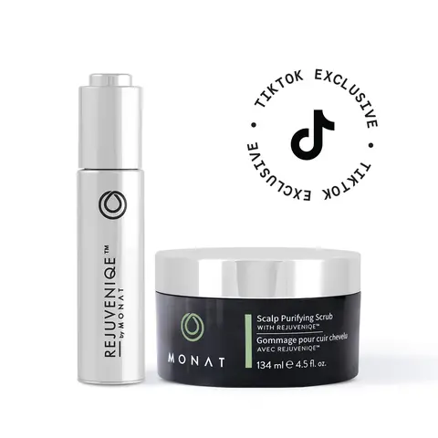 Scalp Basics Duo. MONAT Rejuveniqe Oil + Scalp Purifying Scrub Moisturizer.  Apply the exfoliant once a week.