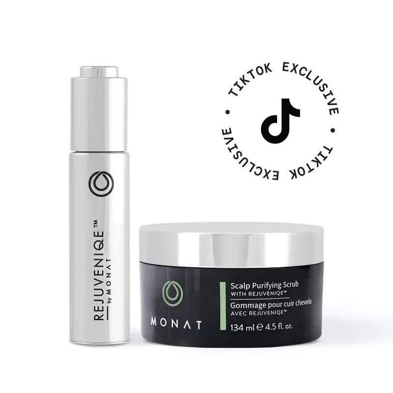 Scalp Basics Duo. MONAT Rejuveniqe Oil + Scalp Purifying Scrub Moisturizer. Apply the exfoliant once a week.