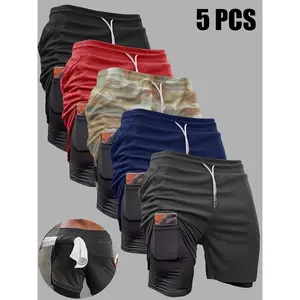 [5pcs High Stretch Sports Shorts] 5pcs Men's 2-in-1 Double Layer Shorts With Inner Pocket, High Stretch Sports Shorts For Summer Gym Workout Training Fathersdaygift Fitness Athleisure