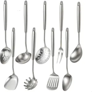 9 Pcs Cooking Utensils Set, 304 Stainless Steel Kitchen Utensils Set, Metal Kitchen Accessories, Include Soup Ladle, Slotted Skimmer Spoon, Spaghetti Spoon and Spatula, Dishwasher Safe