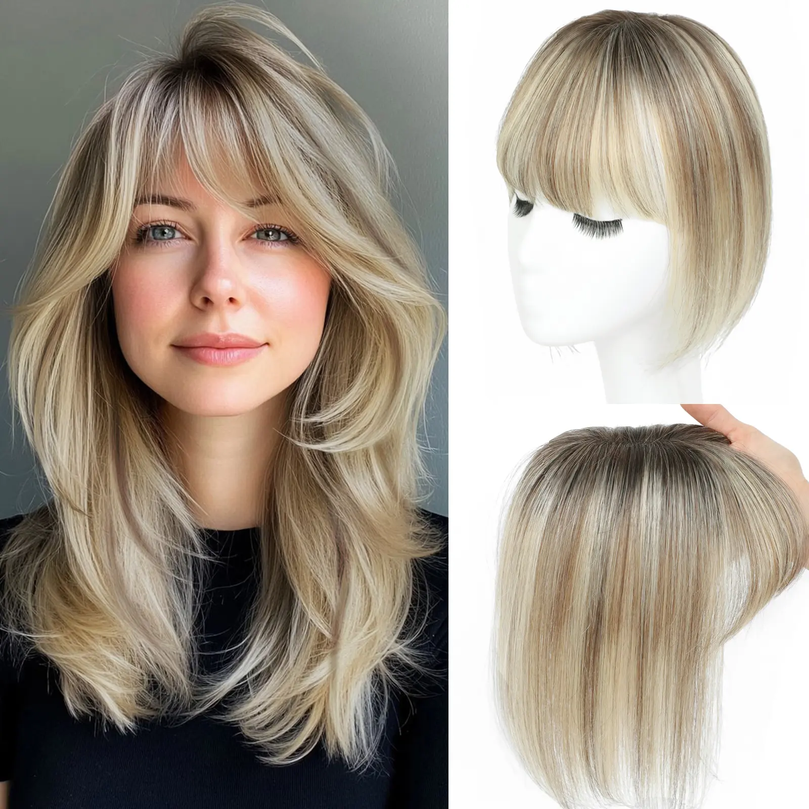 10 Inch Women’s Human Hair Toppers With Straight Bangs, Breathable Comfortable Invisible Top Hair Pieces