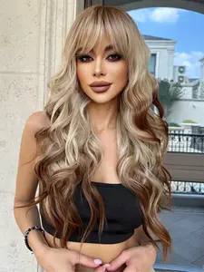 28 Inch Long Ombre & Highlight Wavy Wigs for Women, Gorgeous Fashion Fluffy Wigs with Bangs, Synthetic Full Machine Wigs for Party, Daily Use