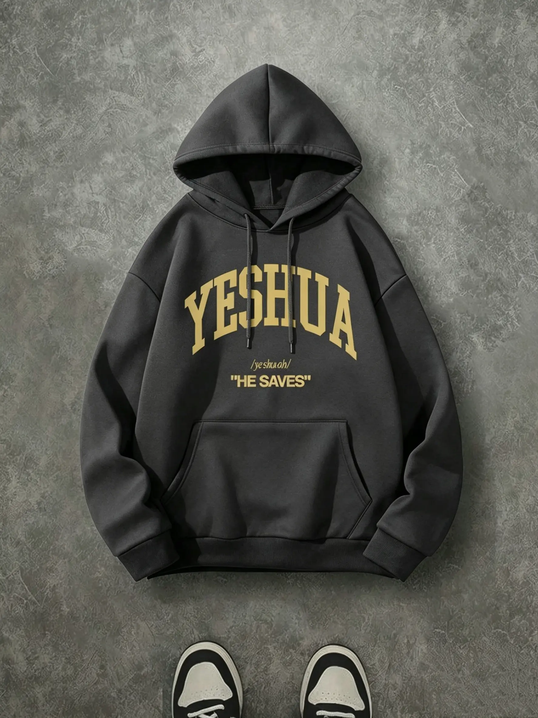 Thick 270 Gram Brushed Fleece Christian Hoodie, Yeshua He Saves Retro Gold Arch Letter Print Drawstring Sweatshirt, Oversized Vintage Faith Pullover For Fall Winter Daily Outfit