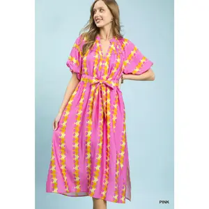 Umgee Geo Stripe Smocked Waist Tie Dress