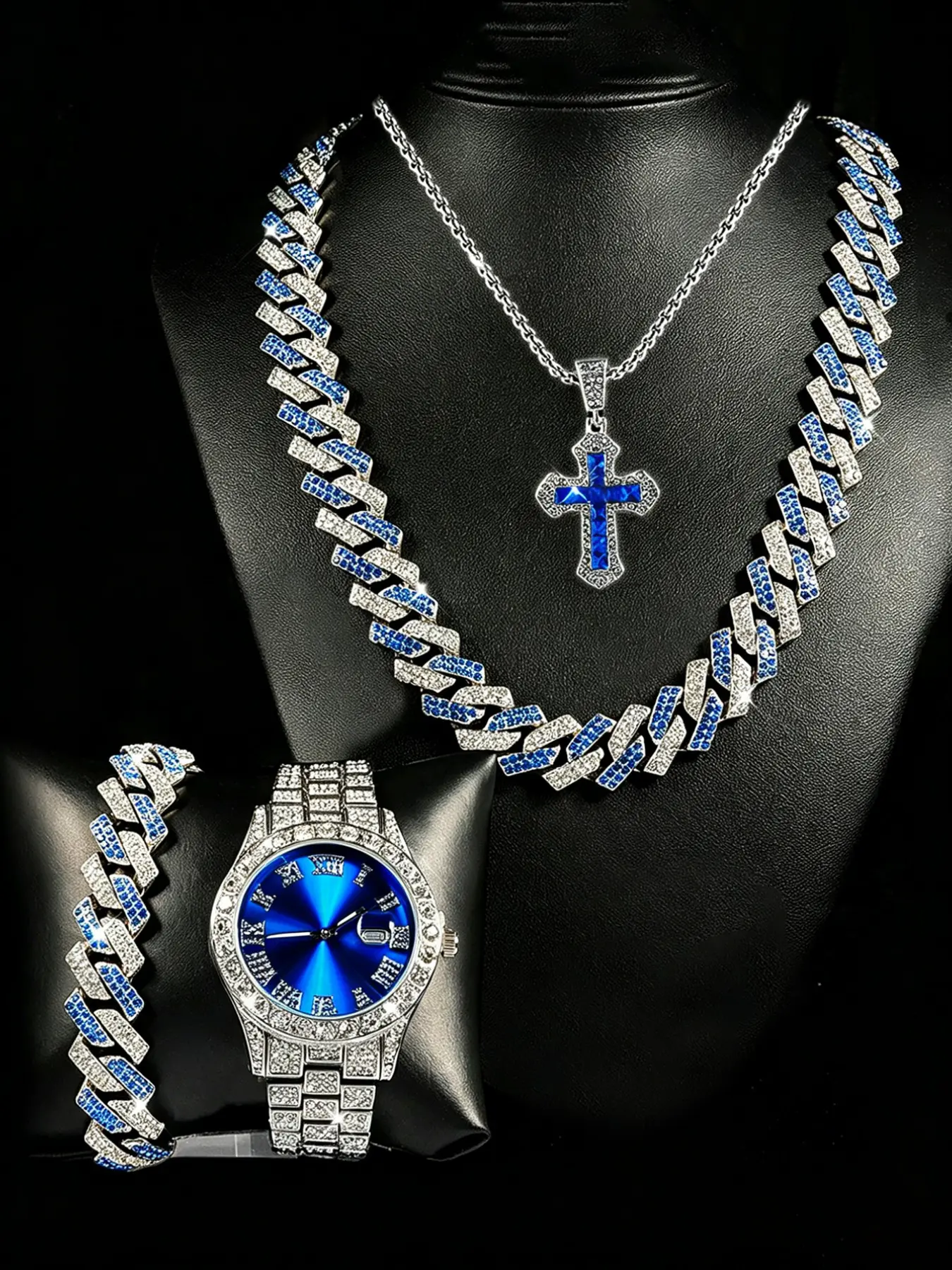Men's Luxury Quartz Watch Set with Jewelry, Silver Color Bracelet & Necklace Ring, Stainless Steel Strap, Fashion Fall Trend Gift, Trendy Jewelry Set, Accessories Set, Accessory Set