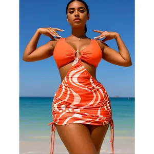 2026 trendy Y2K swimwear orange and white striped print one-piece swimsuit with side ruching, tie, and cut-out design, suitable for beach vacations and pool parties