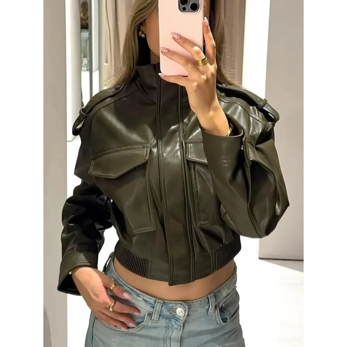 (New) Women's Slim-Fitting Olive Green Faux Leather Long Sleeve Biker Bomber Jacket - Stand Collar, Snap Flap Pockets, Short Layered Plain Streetwear Sports Outerwear