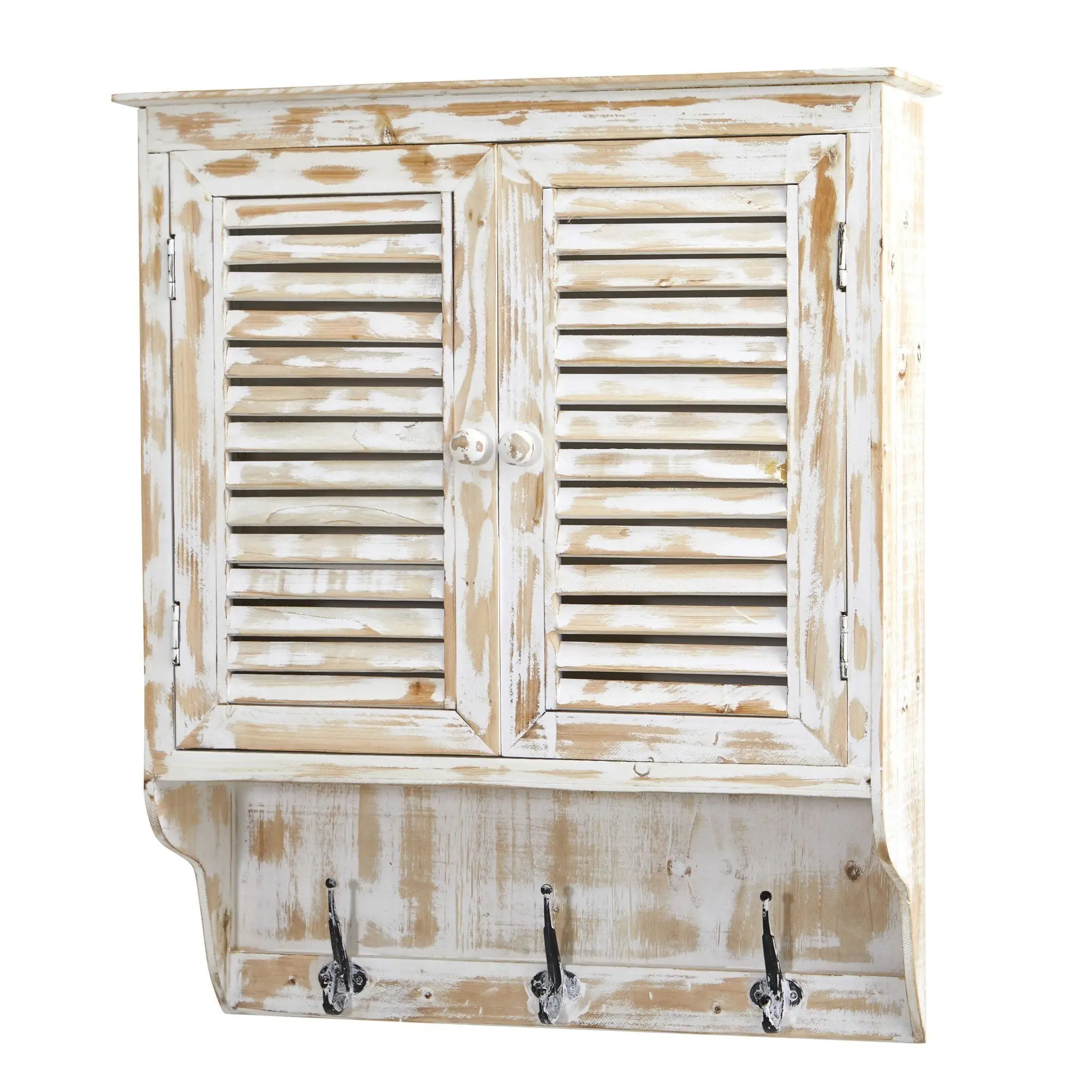 32 in Antique-Inspired Wall Cabinet - Rustic White Distressed Paint Farmhouse Style Cabinet Enclosure Mountable Bathroom Furniture, Wall Hanging with Faux Baby's Breath Detail, Hooks for Bath Storage, Bathroom Upgrade Bath Decor