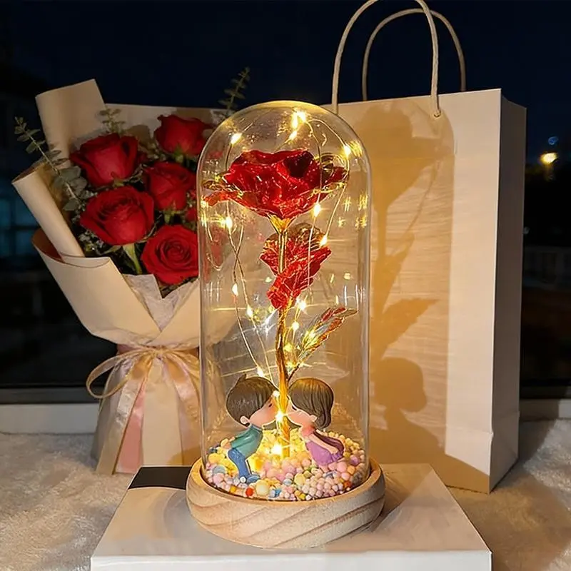 Valentine's Day Artificial Plated Rose, Light Up Rose, LED Home Decor, Creative Wooden Base & Glass Dome, Couple Figurines, Multicolor Foam Balls, Aa Battery Power