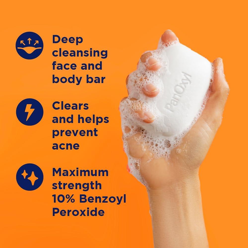 PanOxyl Acne Treatment Bar with 10% Benzoyl Peroxide, Maximum Strength Bar Soap for Face, Chest and Back, Benzoyl Peroxide Soap Body Wash, Vegan, For Acne Prone Skin